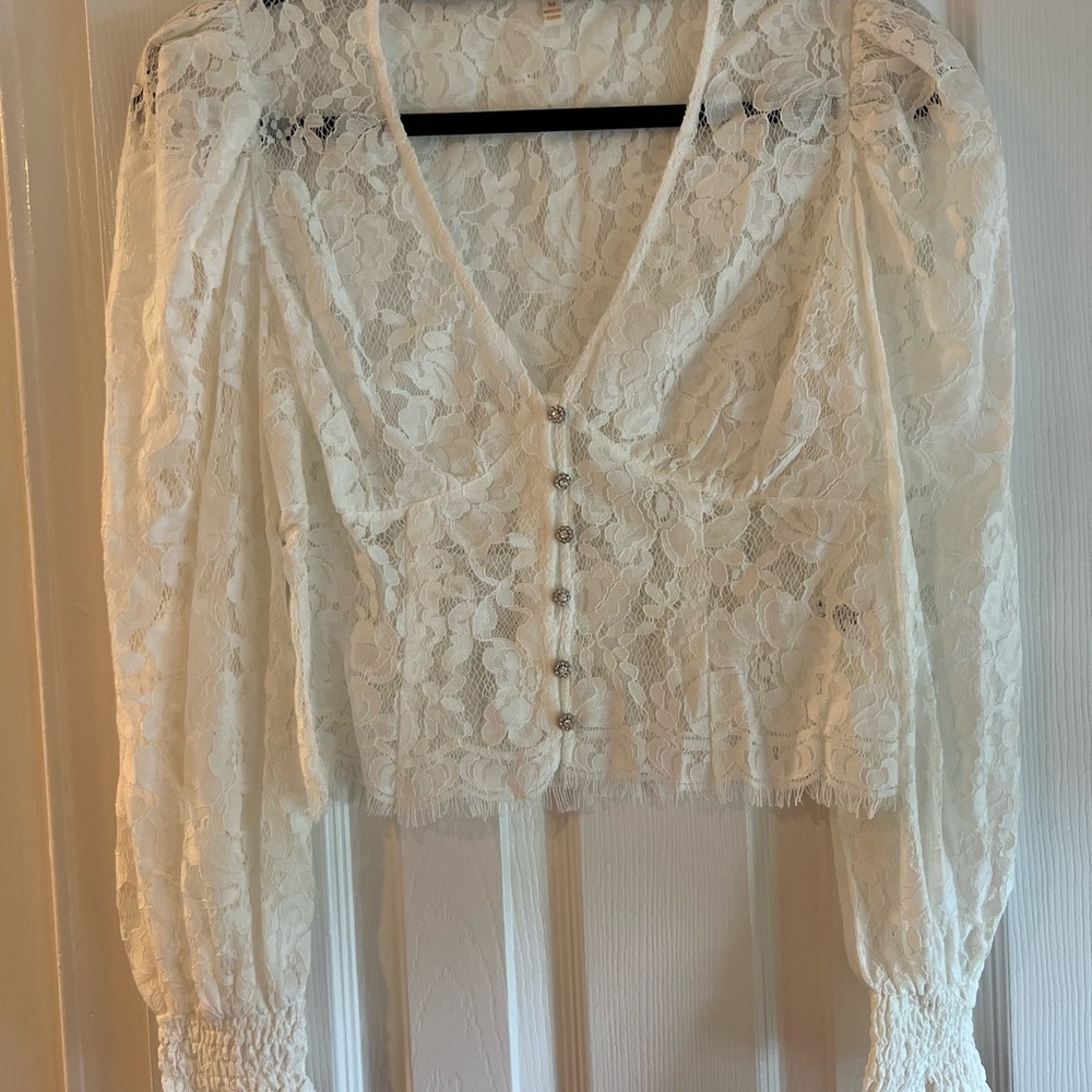 A.Peach White Lace Button-Up Top